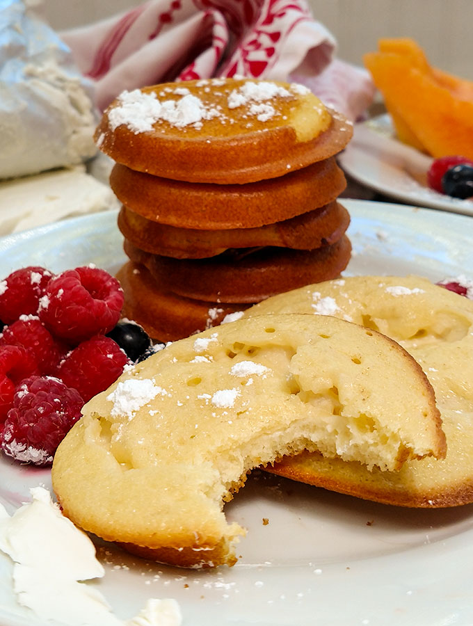 Sweetened cream cheese pancakes have the cheese baked right in, a great grab and go breakfast