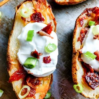 close up of cheese and bacon potato skins