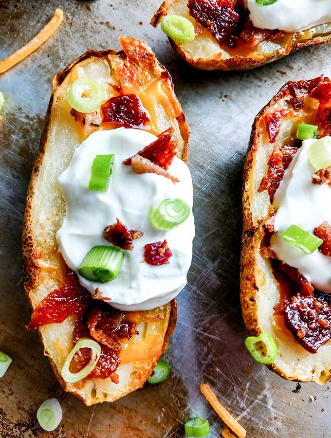 close up of cheese and bacon potato skins