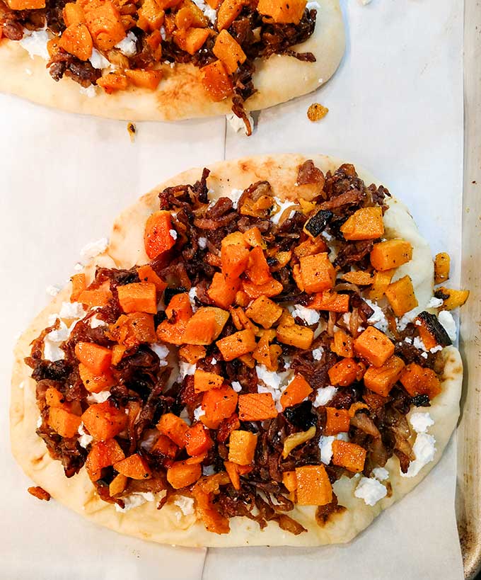 Butternut squash flatbread prepped for oven