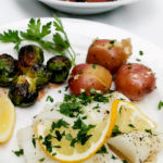 Oven baked cod recipe with new potatoes and brussels sprouts
