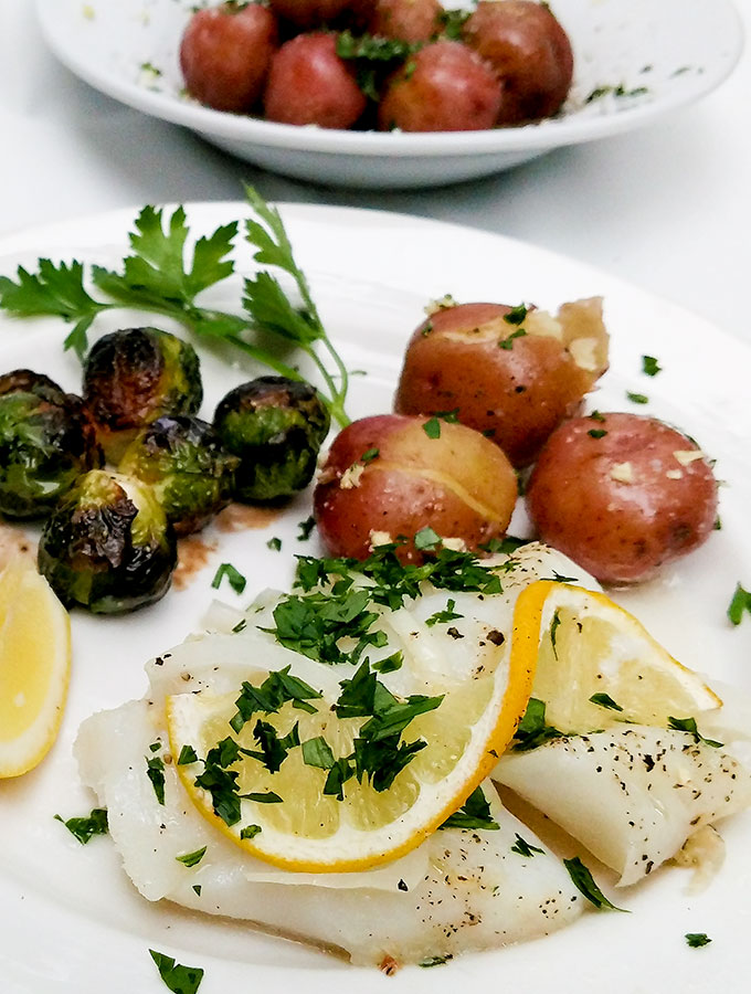 Oven baked cod recipe with new potatoes and brussels sprouts