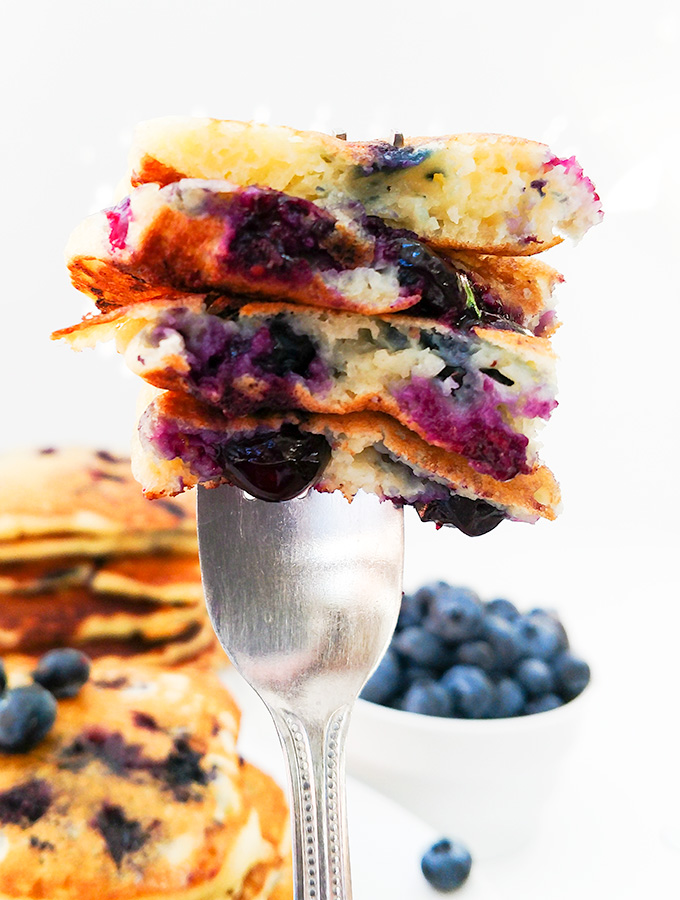 Buttermilk blueberry pancakes on a fork