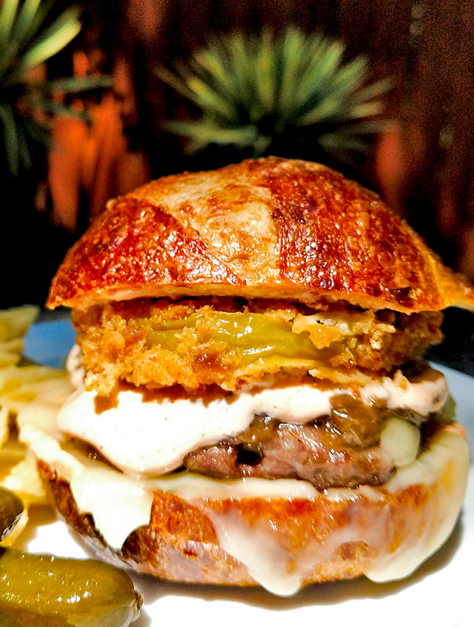 World's best hamburgers with fried green tomatoes and special sauce