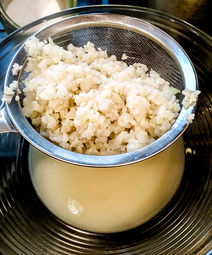 Straining quick riced cauliflower recipe