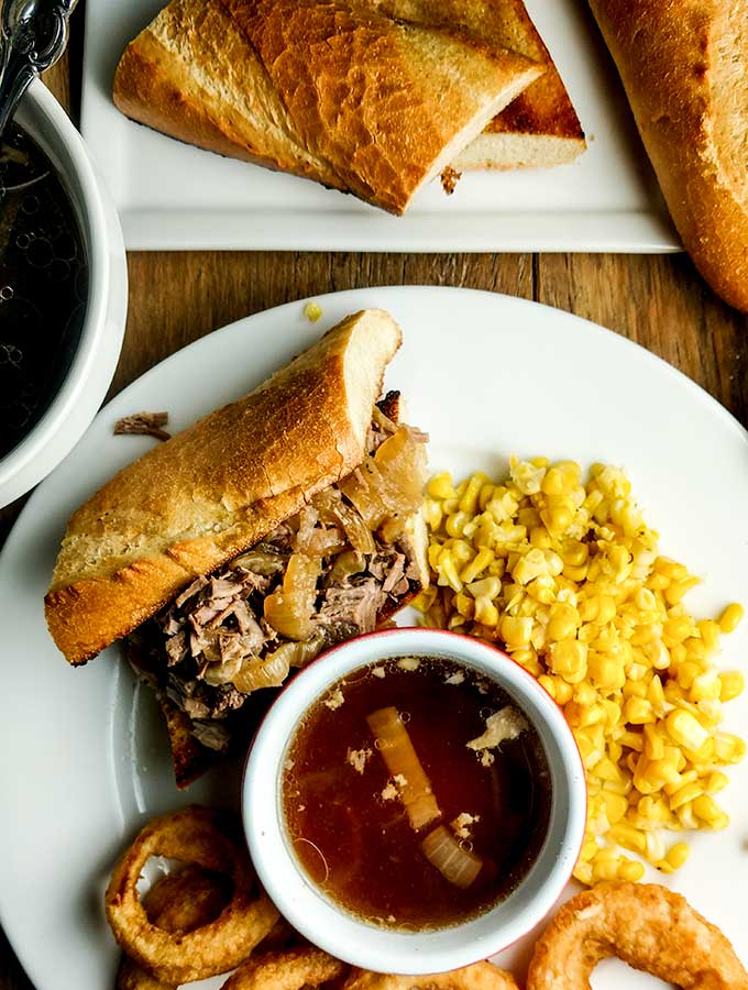 French dip sandwich with slow cooker beef roast