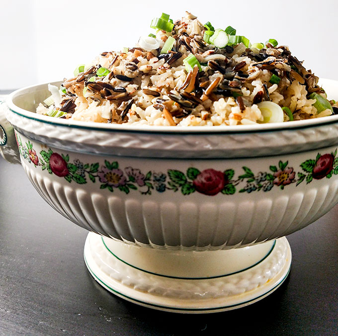 Brown and wild rice medley in serving dish