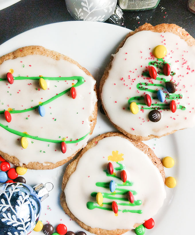 Mom's Christmas cookies decorated with icing and M and M s