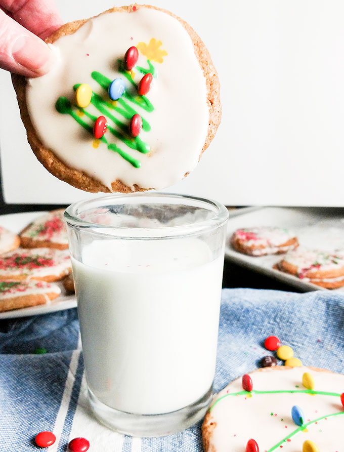 Mom's Christmas cookies with m and ms dipping in milk