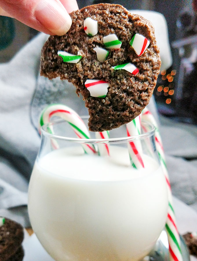 Chrismas cookies with crushed candy canes dipping in milk