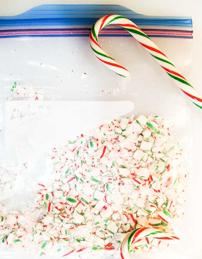 Christmas cookies with crushed candy canes in plastic freezer bag