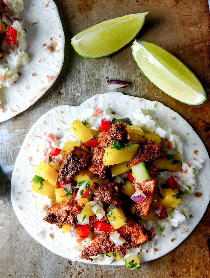 Fish Taco with coleslaw and mango salsa
