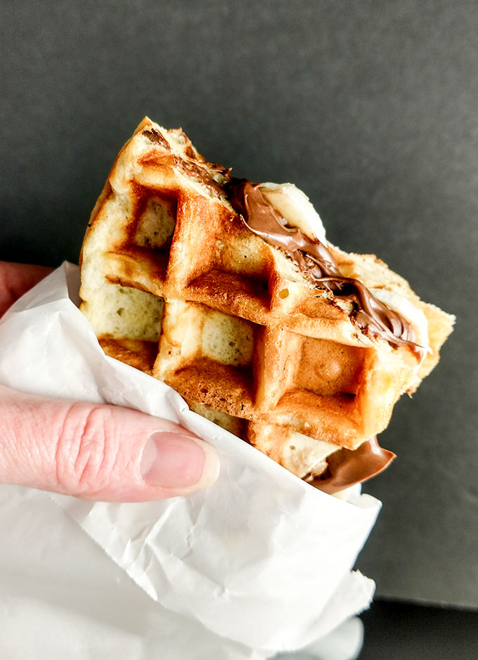 Walking buttermilk waffles with nutella and banana