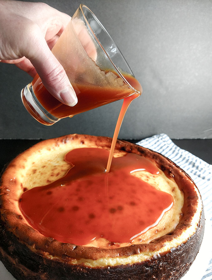 Filling in crack in cheesecake with caramel