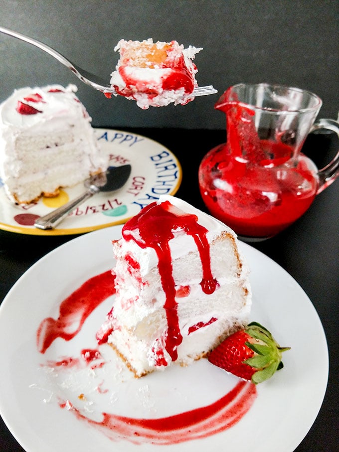 slice of angel food cake with strawberries