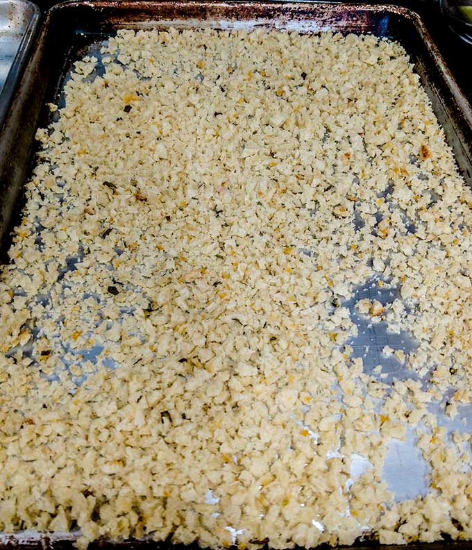 tray of panko breadcrumbs out of oven