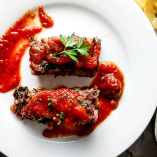 murphys meatloaf with marinara sauce and sausage plated