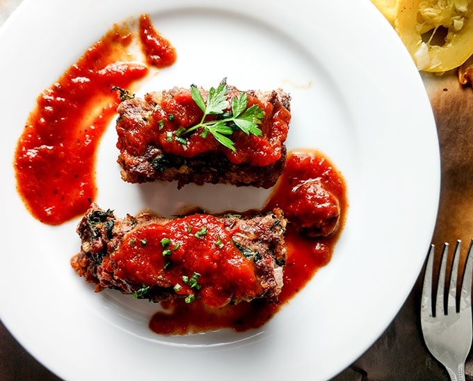 murphys meatloaf with marinara sauce and sausage plated