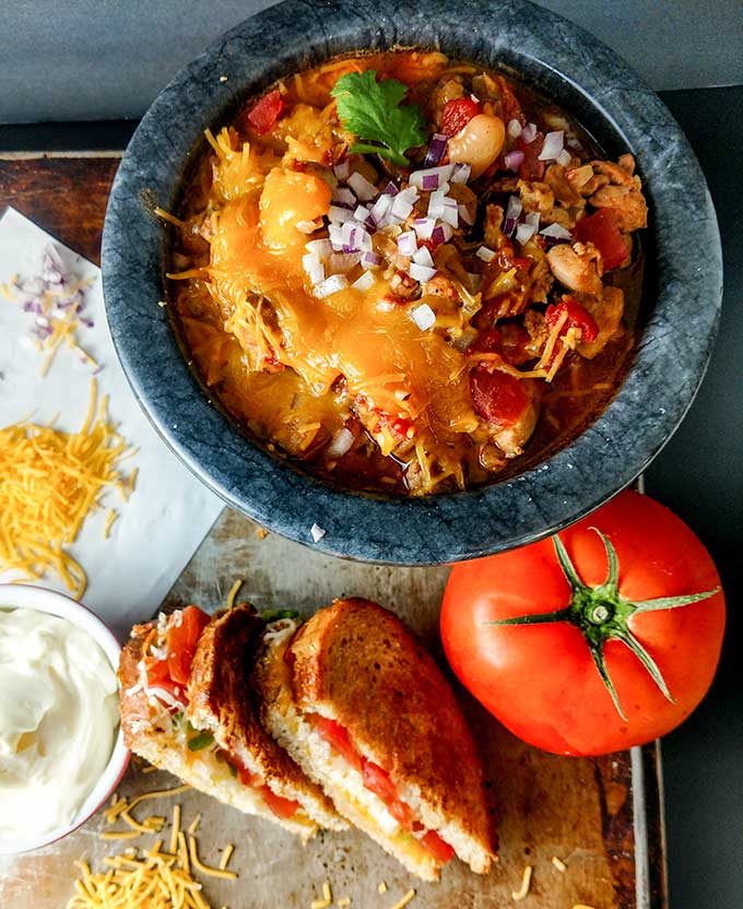 Adult grilled cheese with chicken chili with tomatoes