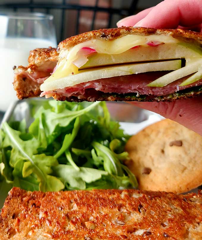 inside of grown-up Itlaian grilled cheese with salami