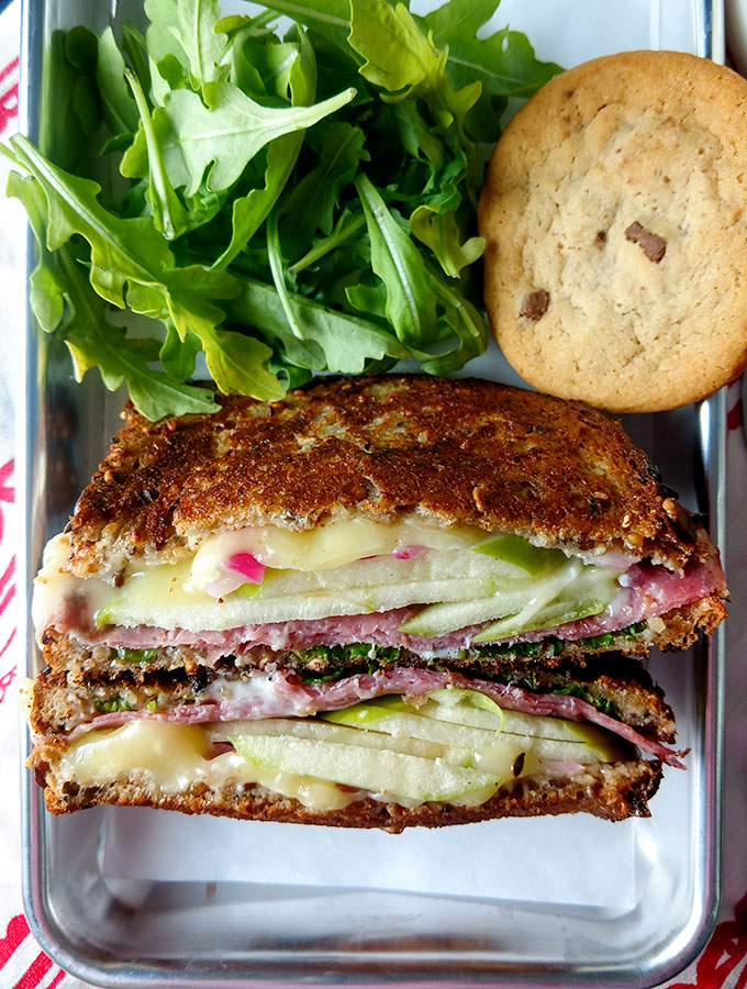 Grown-up Italian grilled cheese with salami and apples