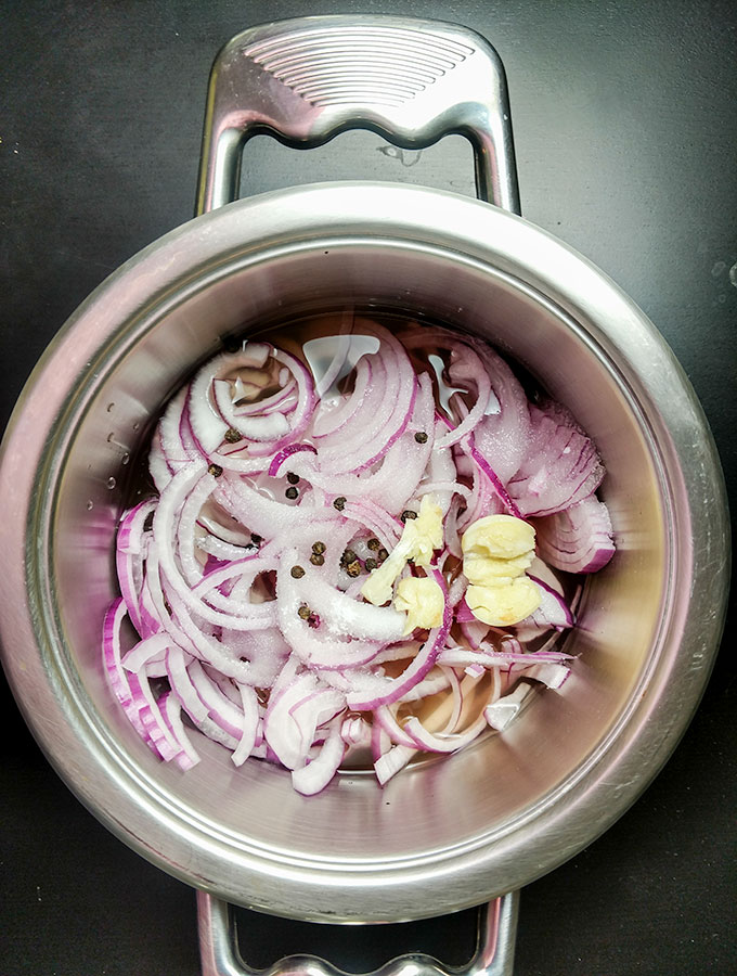 Pickled red onions in pan