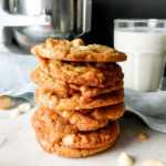 Stack of white chocolate macadamia nut cookies