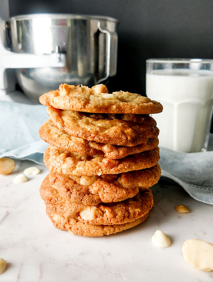 Stack of white chocolate macadamia nut cookies