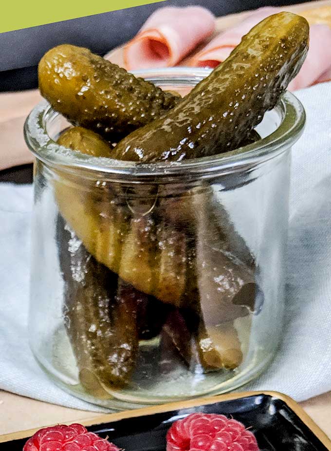 jar of sweet gherkin pickles for a kids cheese board