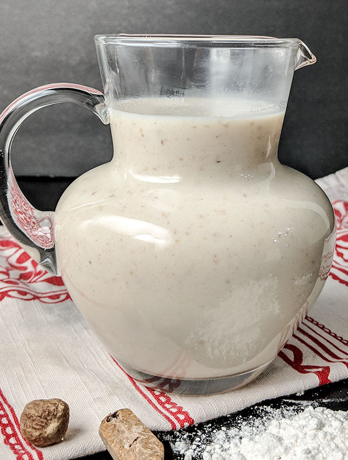 bechamel sauce and white sauce recipe in glass pitcher