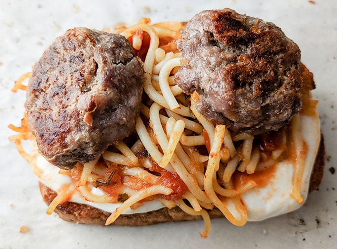 spaghetti sandwich with meatballs ready to go in oven