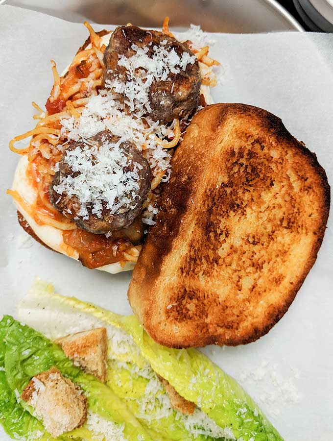 Australian spaghetti sandwich with meatballs