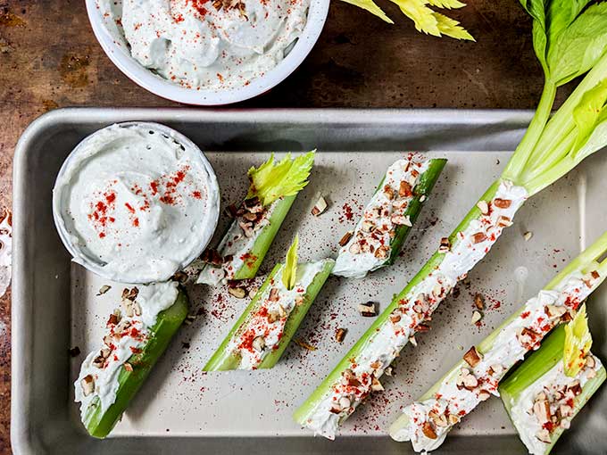 Blue cheese stuffed celery food presentation