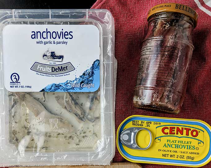 Different types of anchovies for Caesar salad dressing without egg