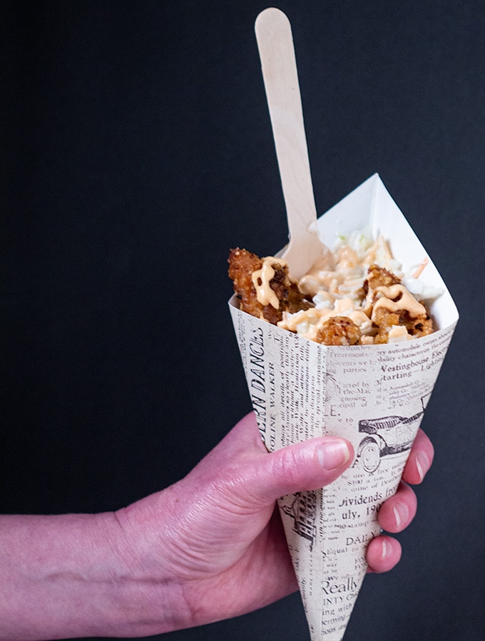 cornflake chicken tenders in a cone