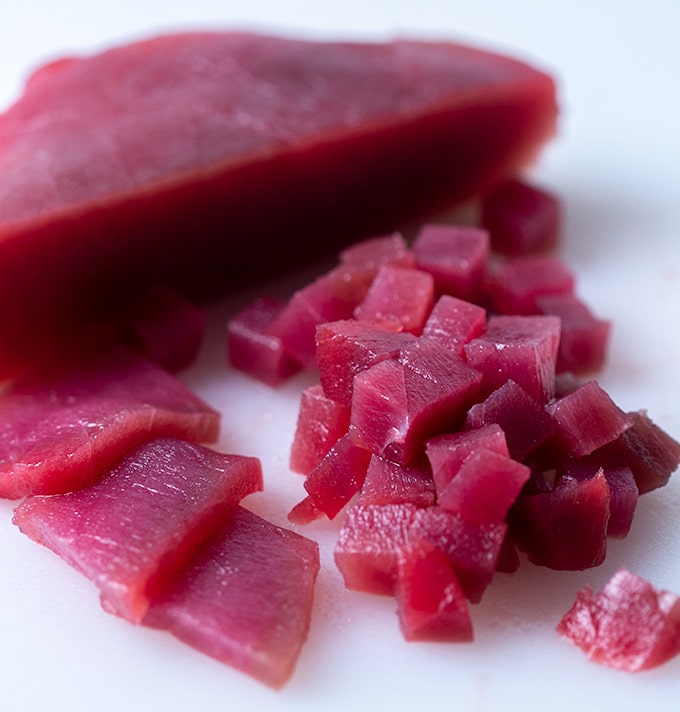 ahi tuna cubed for ahi poke bowl recipe