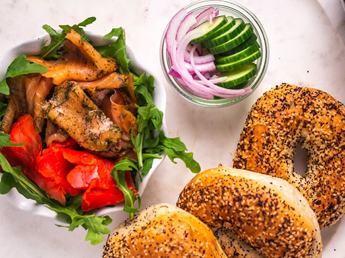 Bagel Breakfast Sandwich Bar with smoked salmon closeup