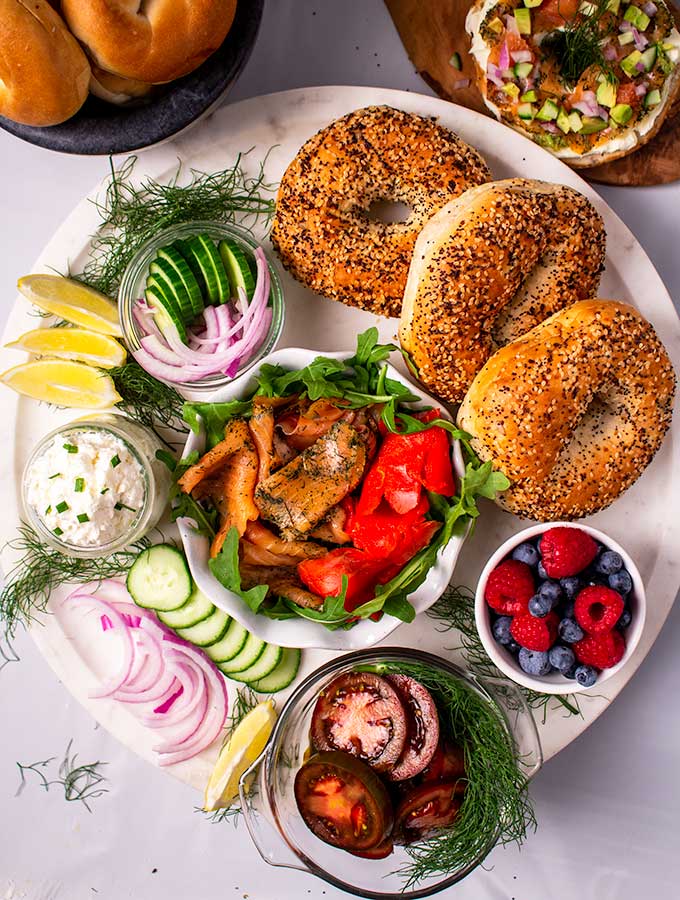 Bagel breakfast sandwich bar with smoke salmon spread