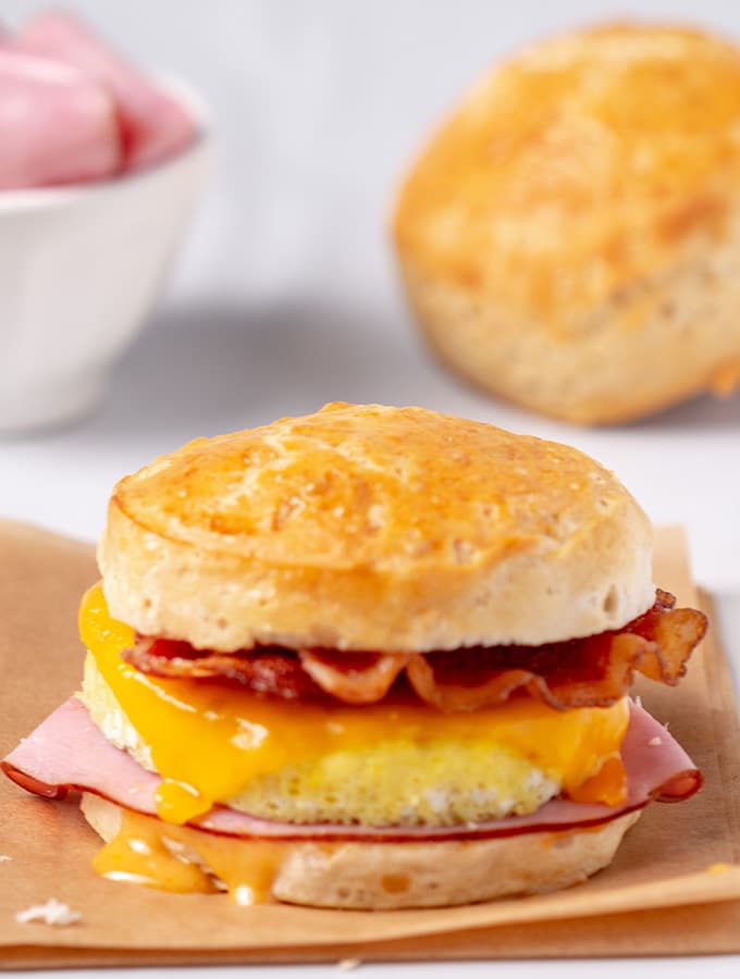 make-ahead breakfast biscuit with ham cheese and bacon