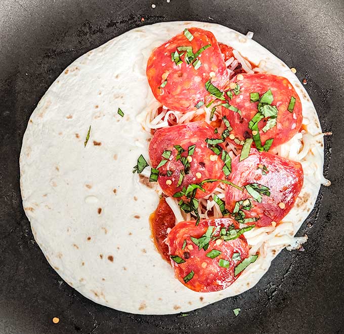 pizza quesadilla with sopressata 