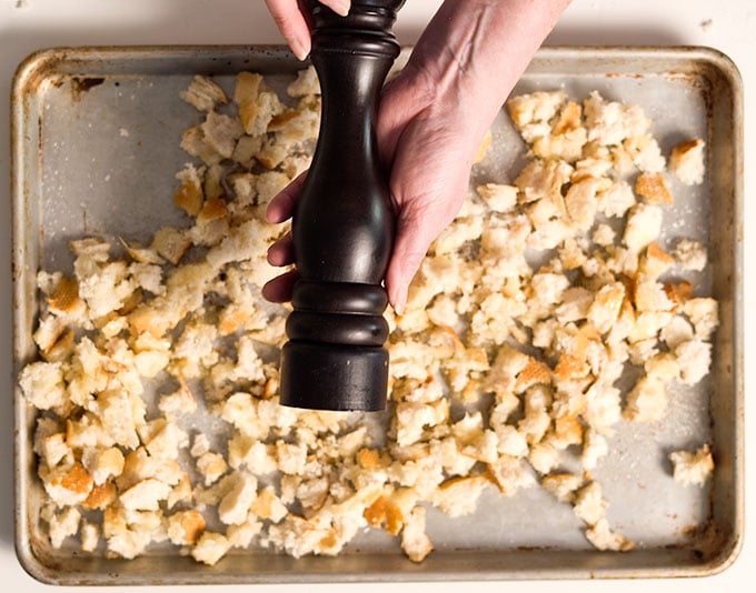 homemade croutons on baking tray